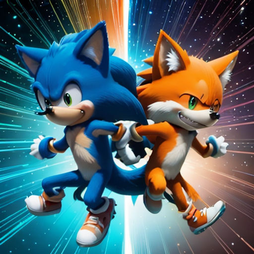 two cartoon characters are running through space together, with bright lights behind them and stars in the background, and a blue and orange background
