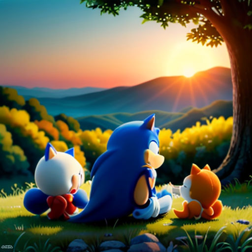 a painting of two cats sitting under a tree in the grass with a sunset behind them and a mountain range in the background