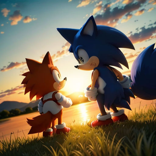 two sonic and tails are standing in the grass at sunset, facing each other, with the sun setting behind them