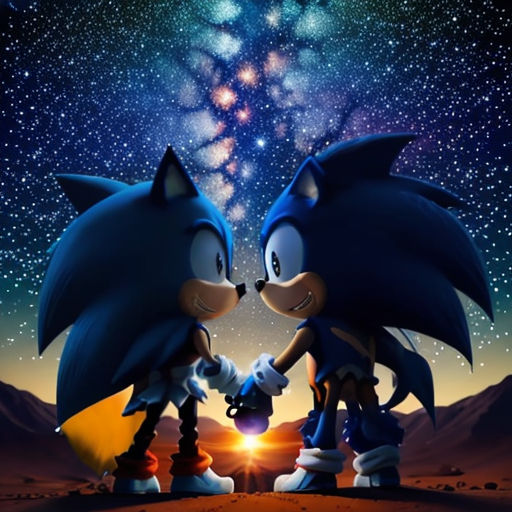 two sonic and sonic the hedges are facing each other in front of a night sky with stars and a galaxy