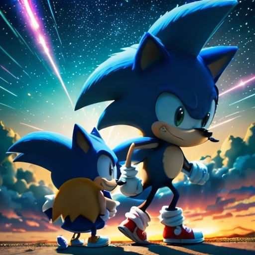 a couple of sonic and tails are in the sky with fireworks in the background and a star filled sky