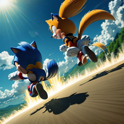 a couple of sonic and tails running across a field with a sky background and sun shining through the clouds