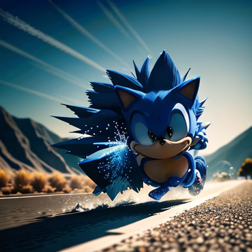 a sonic the hedge running down a road in a cartoon style photo with a sky background and sunbeams