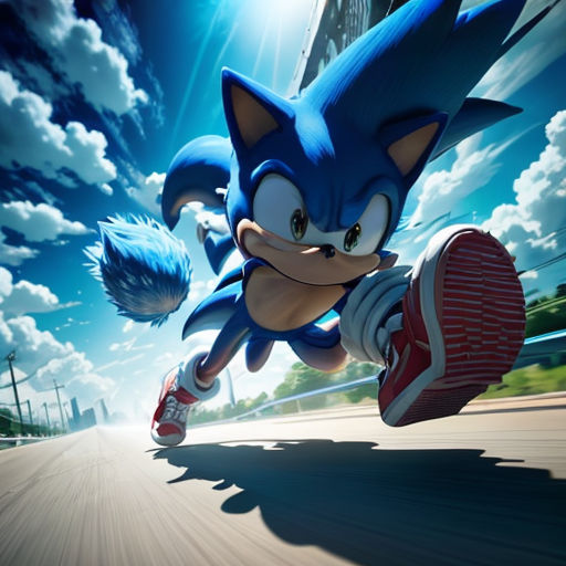 a sonic running down a road in a cartoon style photo with a sky background and clouds in the background