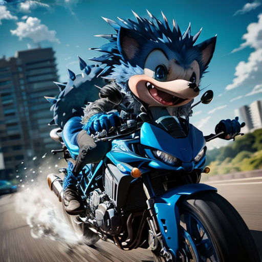 a cartoon character riding a motorcycle on a road with buildings in the background and a sky background with clouds