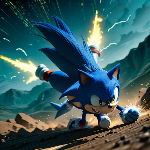 a sonic character running through a desert area with a sky background and a mountain range in the background with lightning