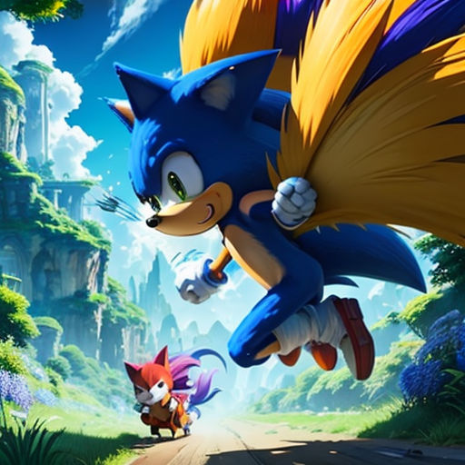 a cartoon character is running through the forest with a cat on his back and a hedge on his back