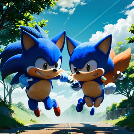 two sonic and tails are flying through the air in front of a blue sky and trees with clouds and a blue sky