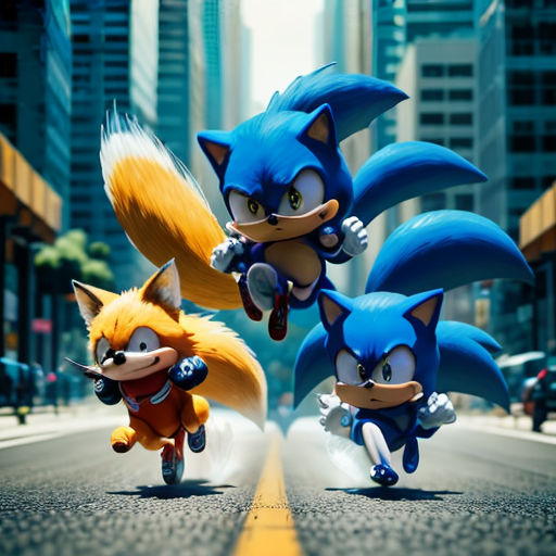 sonic the hedgehog and tails running in the street in a movie poster for sonic the hedgehog and tails