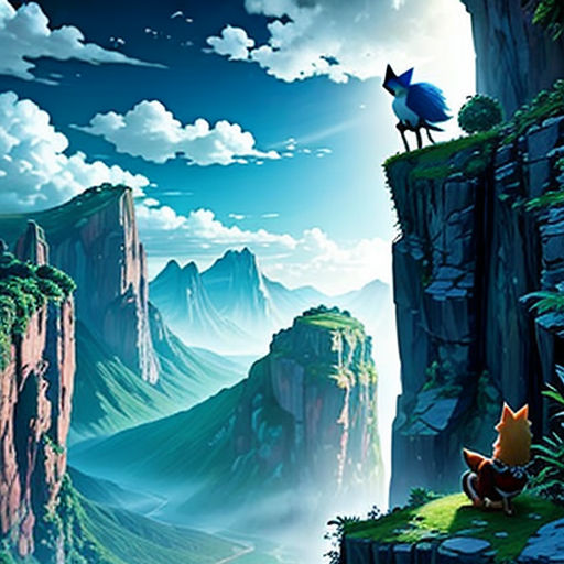 a cartoon scene with a fox and a bird on a cliff overlooking a valley with mountains and a river