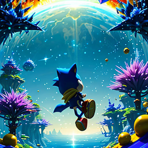 sonic the hedgehog is flying through the air in a cartoon style scene with a blue sky and purple plants