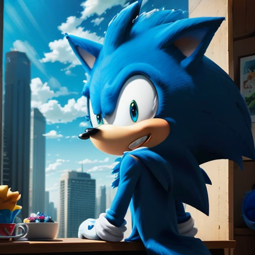 a cartoon character is sitting at a desk in a room with a city view behind him and a sonic the hedge