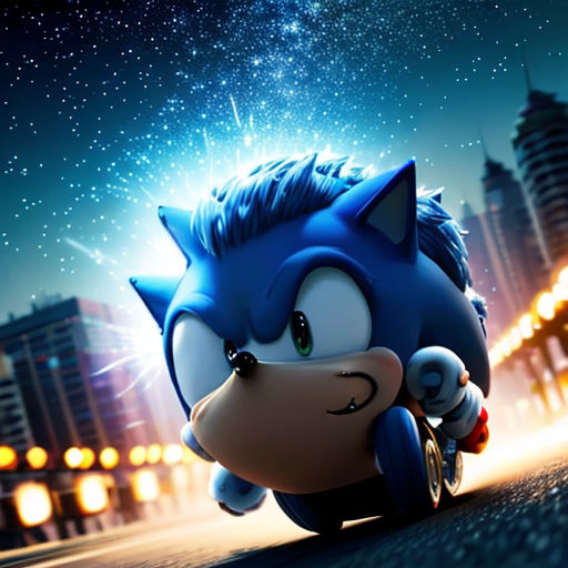a sonic character riding a motorcycle in a city at night with stars in the sky above it and a cityscape in the background