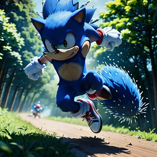 a cartoon character running through a forest with trees and grass in the background, with a blue cat running
