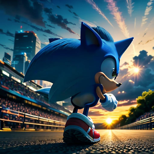 a sonic character is walking on a road at sunset in a cartoon style photo with a cityscape in the background