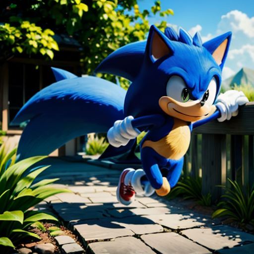 a cartoon character is running on a path in a park with a hedgehog in the background and a house in the background