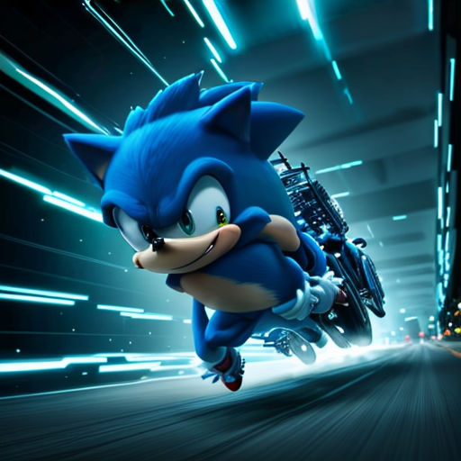 a sonic character is flying through the air in a futuristic city with lights and buildings in the background,