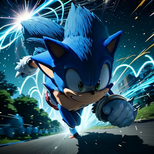 a sonic character running through a city at night with fireworks in the background and a blue sky with stars