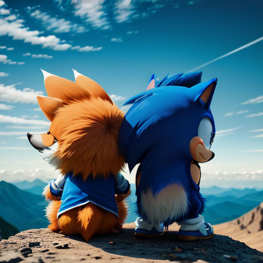 two stuffed animals are sitting on a rock in the mountains, one is hugging the other is looking at the sky