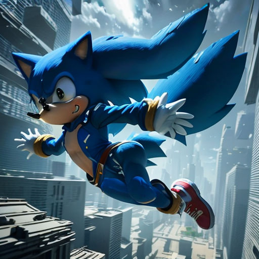 a sonic character flying through the air over a city skyline with skyscrapers in the background and a cityscape in the foreground