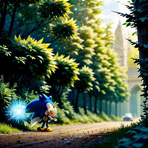a sonic the hedgehog character is walking down a road in a cartoon style scene with trees and bushes