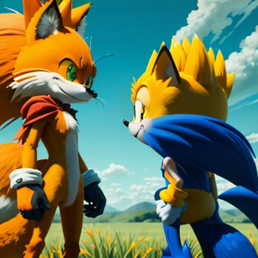 a couple of cartoon animals standing next to each other on a field of grass and flowers with a sky background