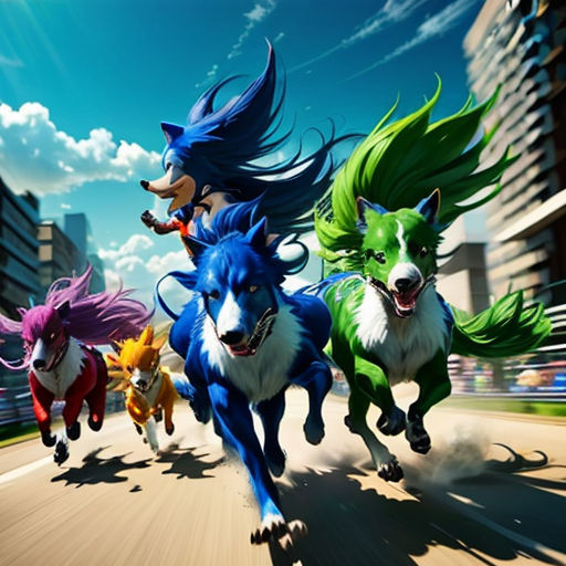 a group of animals running down a street next to tall buildings and a sky background with clouds in the background