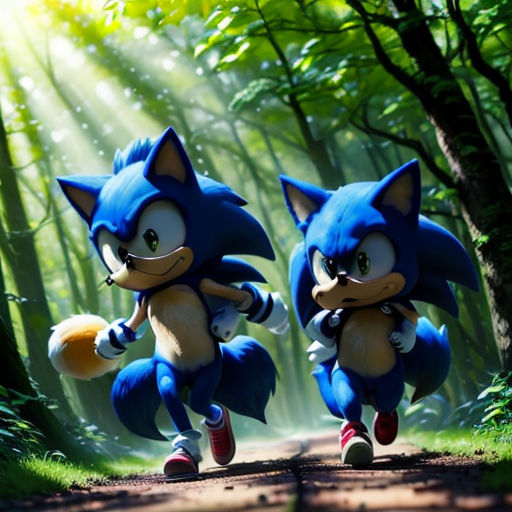 two sonic the hedgehogs running in the woods together in a scene from the movie sonic the hedgehog