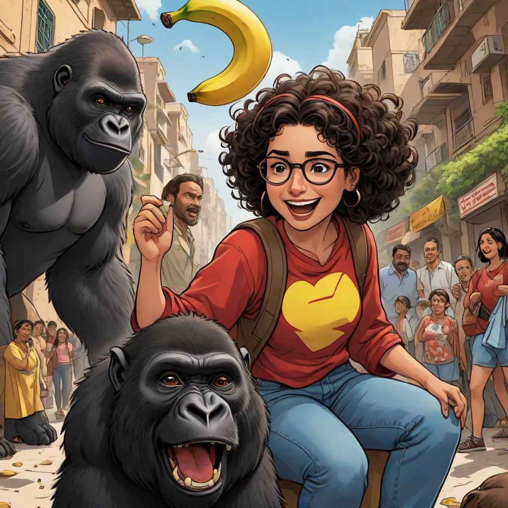 a woman sitting on a chair next to a gorilla and a banana on a street with people standing around, comic cover art, serial art, a comic book panel, Asaf Hanuka