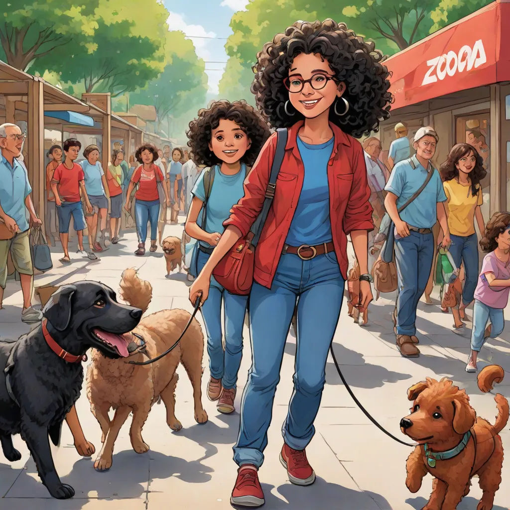 a woman walking two dogs down a street with a crowd of people behind her on a sunny day with a red dog, comic cover art, american scene painting, a storybook illustration, Asaf Hanuka