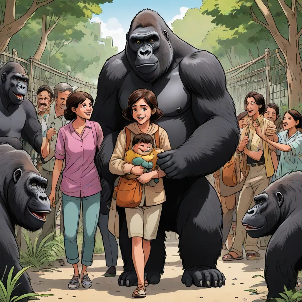 a woman holding a baby standing in front of a large gorilla and a group of people standing around her, official art, furry art, a storybook illustration, David Park