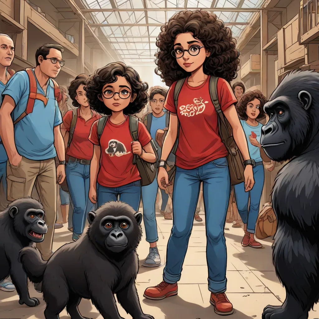 a woman standing in front of a group of gorillas in a building with people standing around her and a gorilla on the ground, comic cover art, serial art, a storybook illustration, Asaf Hanuka