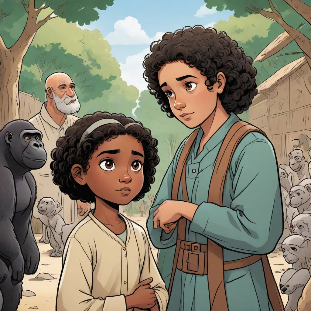 a woman and a child standing in front of a group of gorillas in a zoo setting with a man in the background, comic cover art, serial art, a storybook illustration, Ella Guru