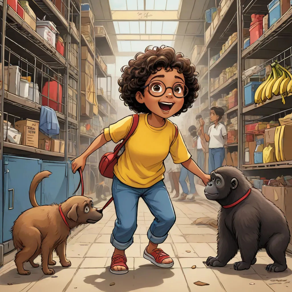a boy is holding a leash and walking two dogs in a store with shelves full of bananas and other items, comic cover art, process art, a storybook illustration, Ada Gladys Killins