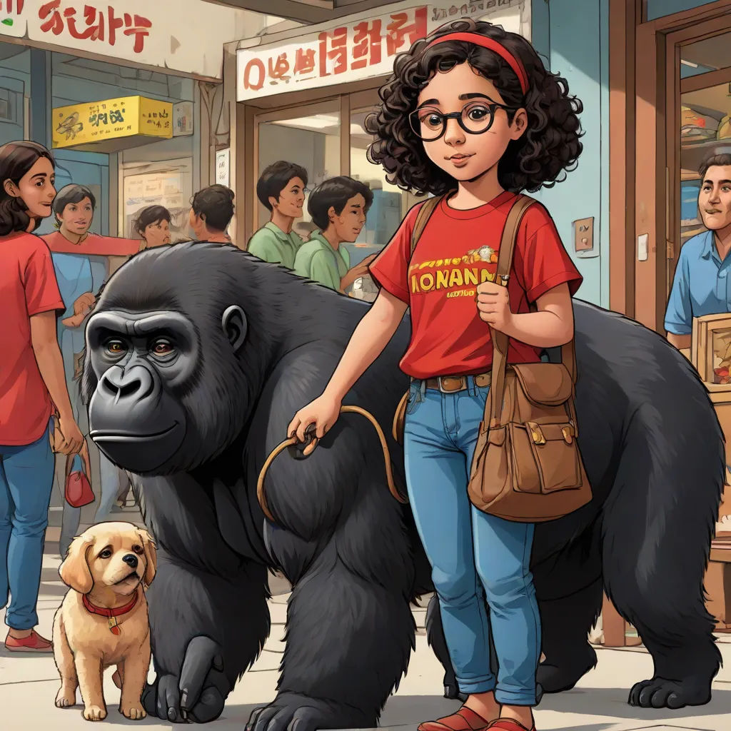 a girl is standing next to a gorilla and a dog on a leash in front of a group of people, official art, furry art, a storybook illustration, F Scott Hess
