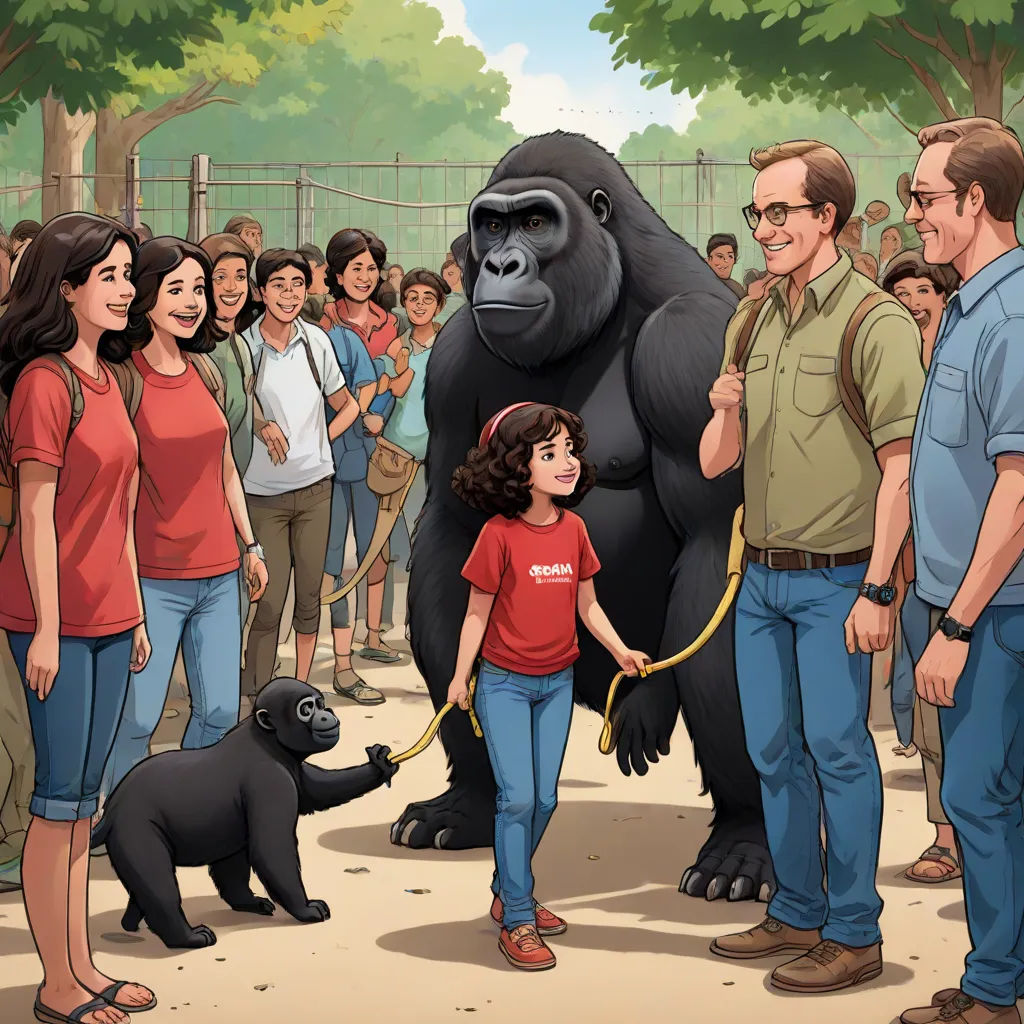 a cartoon of a gorilla being held by a woman and a man with a leash in front of a crowd of people, official art, american realism, a storybook illustration, F Scott Hess