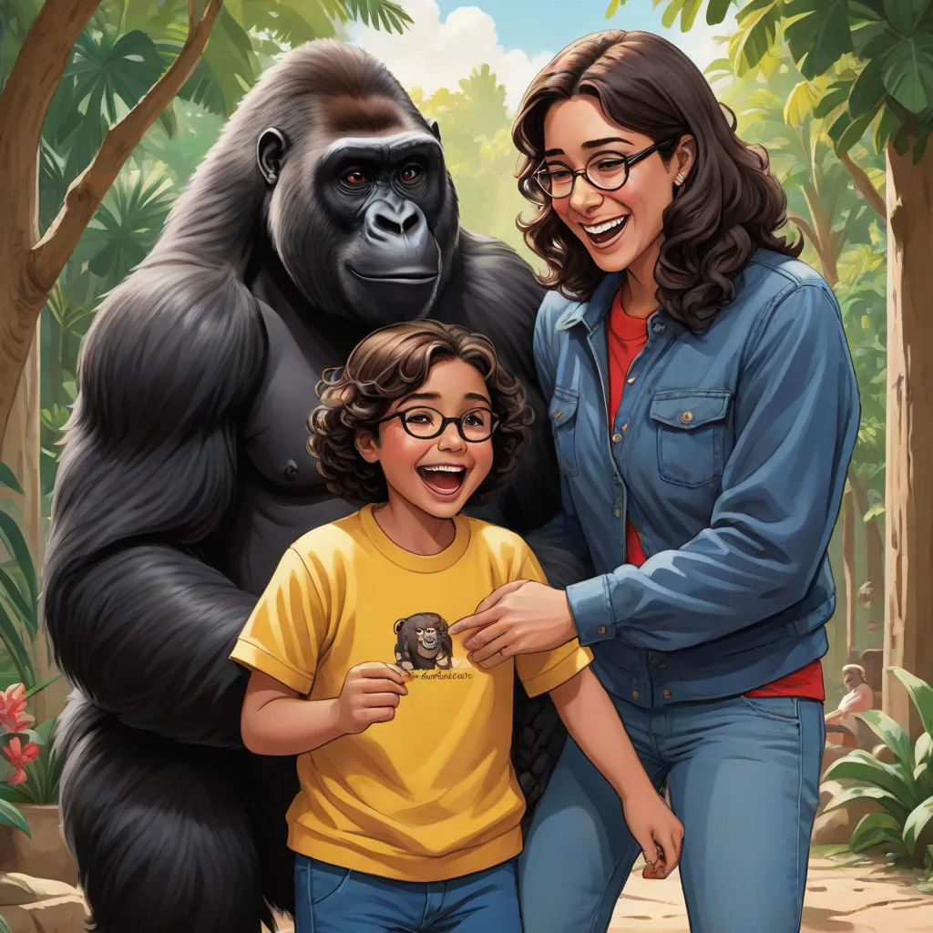 a woman and a child standing in front of a gorilla and a gorilla with a camera in their hands, official art, private press, a storybook illustration, F Scott Hess