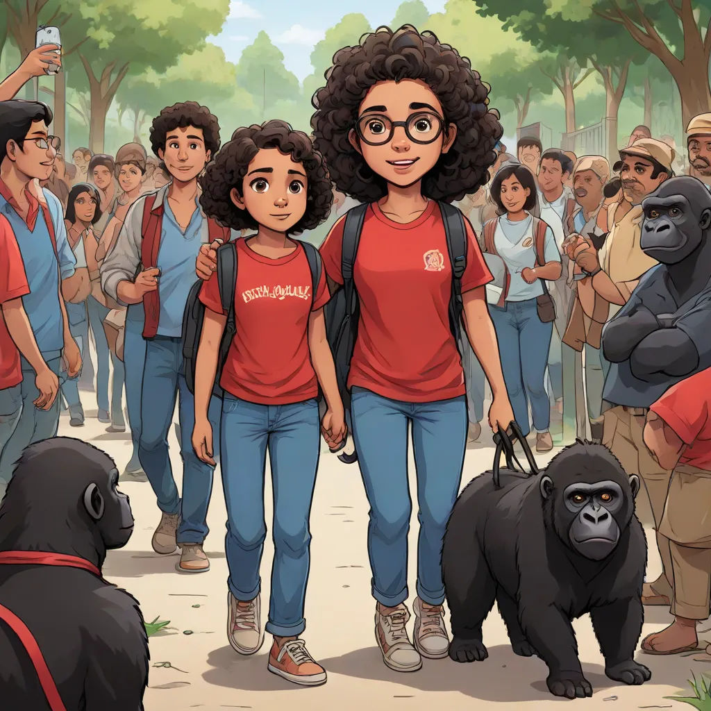 a group of people standing next to each other near a gorilla and gorilla bear in front of a crowd of people, official art, serial art, a storybook illustration, Diego Gisbert Llorens