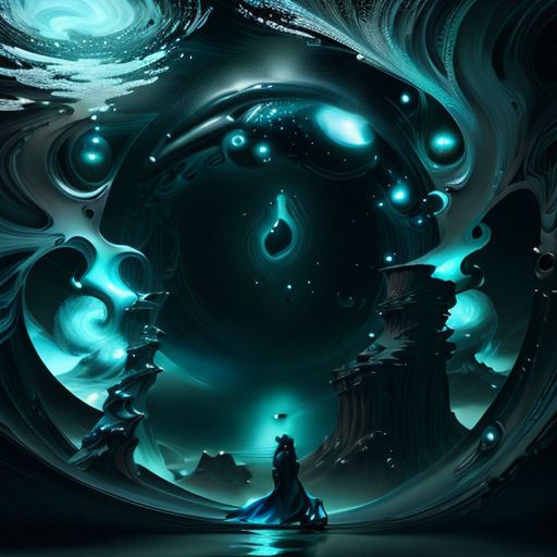 a painting of a man standing in a dark room with a blue light coming from the center of the picture