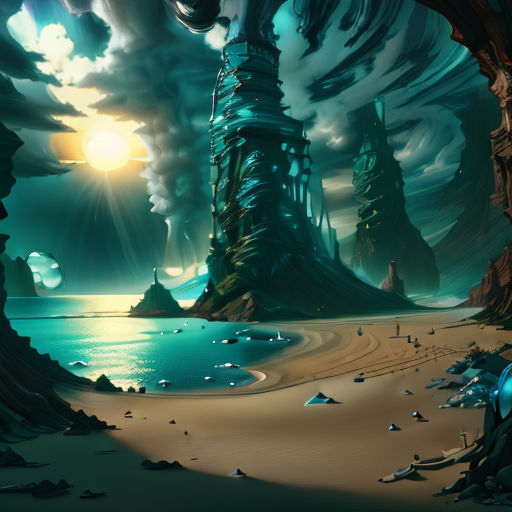 a painting of a futuristic landscape with a tower in the middle of the ocean and a beach below it