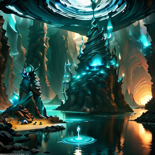 a painting of a cave with a pond and a waterfall in the middle of it, with a blue light coming from the ceiling