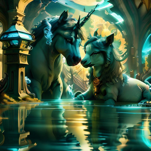 two unicorns are sitting in the water near a clock tower and a lamp post with a clock on it