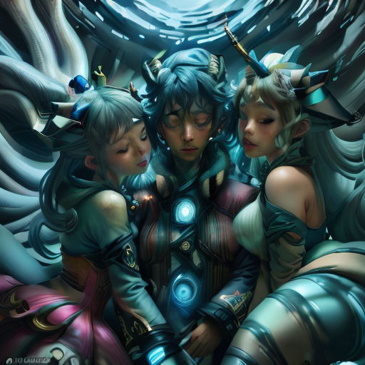 two women in costumes with horns and wings on their heads, one of them is hugging the other's back