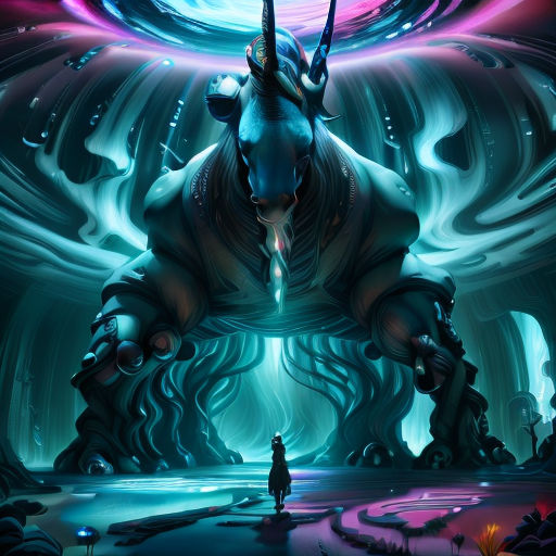a man standing in front of a giant alien creature in a futuristic landscape with a blue light coming from it