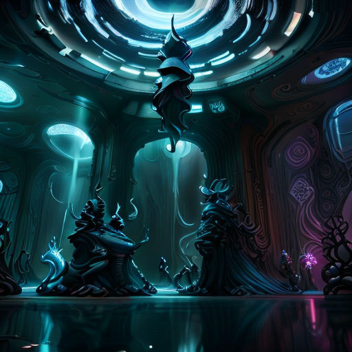 a futuristic room with a large clock and a giant lamp in the center of it, and a giant mirror in the ceiling