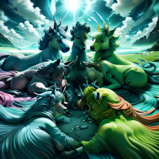 a group of horses laying on top of a lush green field under a blue sky with clouds and stars