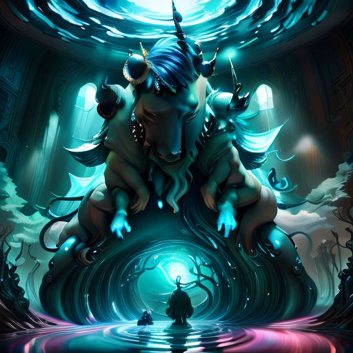 a digital painting of a creature with horns and horns on its head, sitting in a dark cave with a man standing in the water