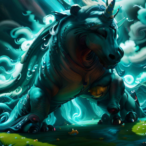 a painting of a dragon with a crown on its head and wings flying over a body of water with a green, blue, and white swirly background