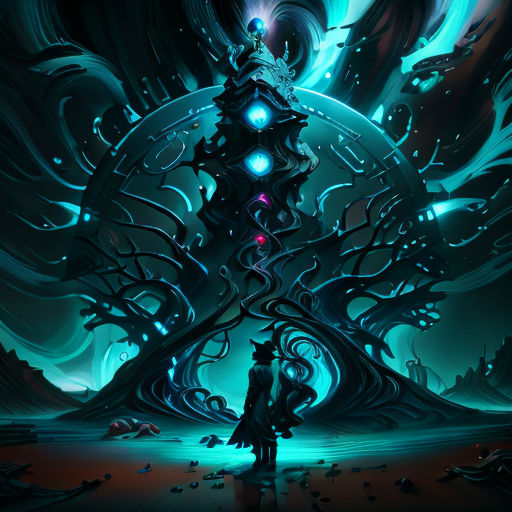 a man standing in front of a giant tree with glowing lights on it's branches and a giant clock in the background