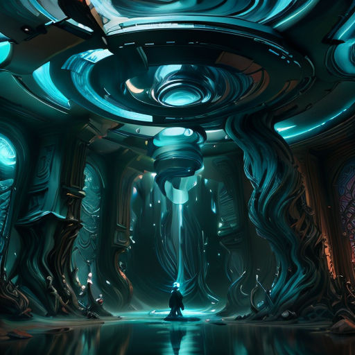a futuristic looking room with a person standing in the middle of it and a light at the end of the room